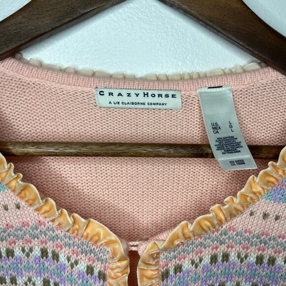 Vintage Liz Claiborne Women’s L Cardigan Peach Pink Velvet Ruffle Boarder - Picture 2 of 8
